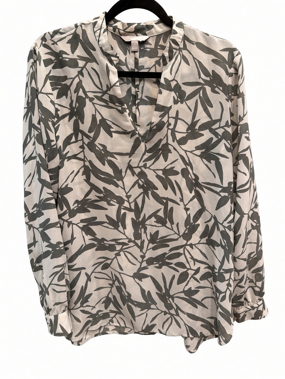 Banana Republic Cream and Gray Leaf Print V-Neck Blouse